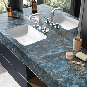 VEELIKE Blue Gold Marble Peel-and-Stick Contact Paper, 24-in Wide Self-Adhesive Wallpaper Waterproof Vinyl Wrap for Countertops, Removable Counter Top Cover for Kitchen Island Backsplash Bathroom Sink
