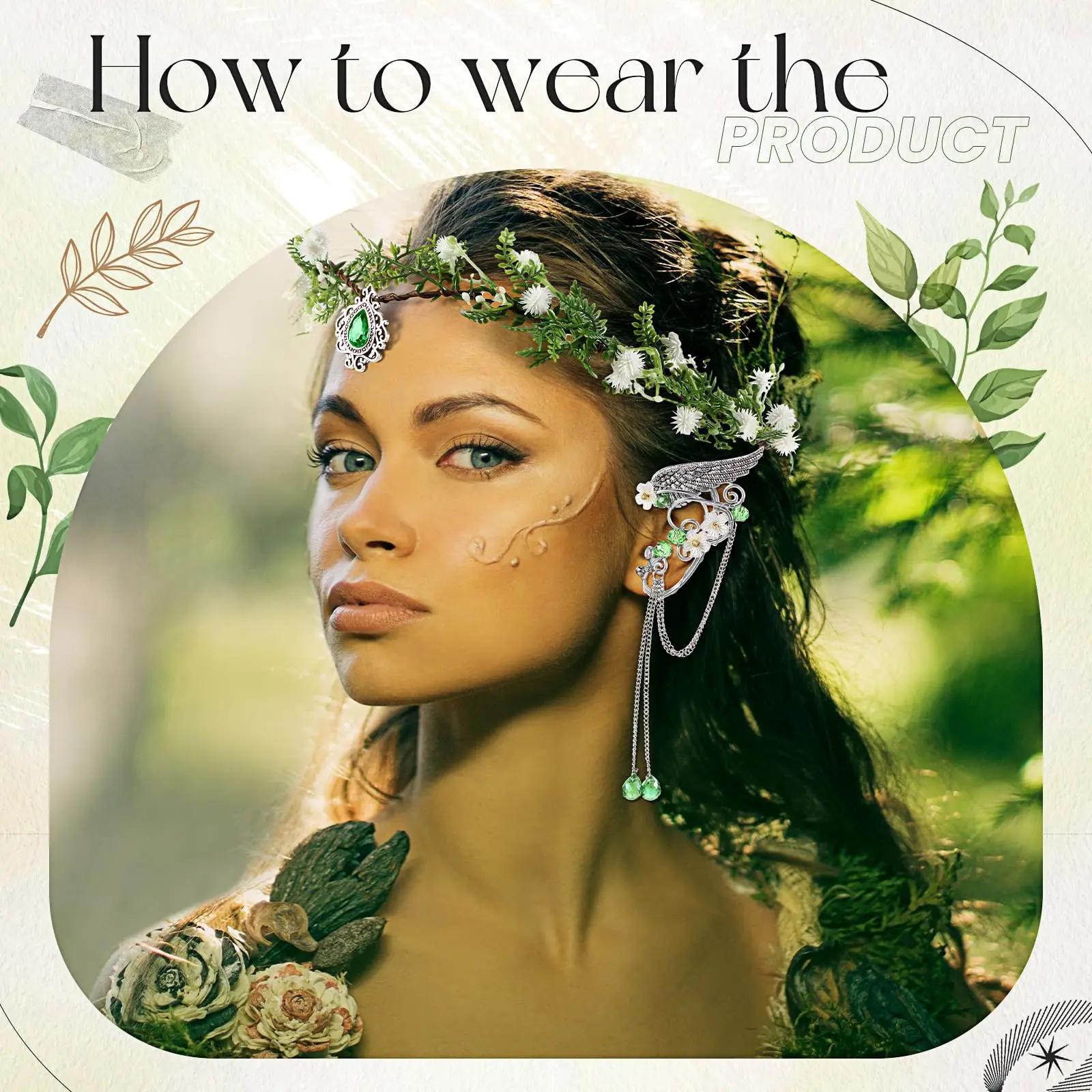 Elves Cosplay Set Fairy Flower Crown Headpiece Elf Ears Cuffs Renaissance Costume Leaf Elves Wings Ear Cuff