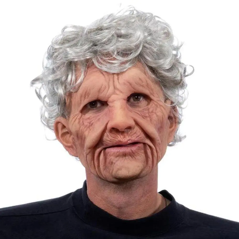 Black Elderly Woman Man Mask Wrinkle Full for Head Mask Grandpa/Grandma Face Novelty Mask Halloween Party Cosplay Props Supplies