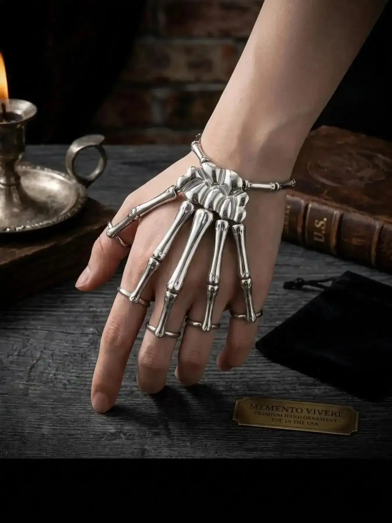 2026 New Model style hand jewelry Witchy fashion personality punk skeleton bone versatile five-finger ring bracelet adjustable integrated chain Gothic Witch Trendy Fashionable Accessories Glamorous Stylish Unique Band