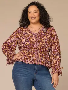 Long Sleeve V-Neck Scallop Edge Floral Print Plus Size Woven Top