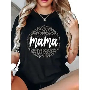 1pc Plus Size Mama Print T-Shirt for Women, cotton, Stretchy Round Neck, Short Sleeve, Knitted Fabric, Geometric Pattern, with Mother'S Day Special for All Season Comfort Fit
