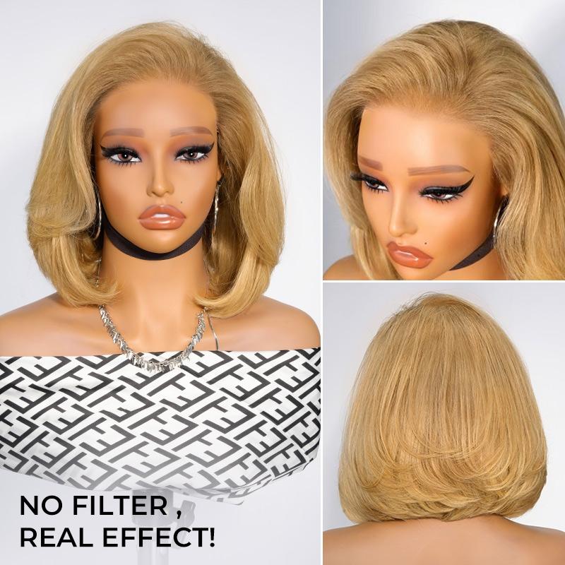 [Clearance]AliPearl Wigs Honey Blonde Pre Styled Straight Layered Glueless 13x4 Lace Front Wig Short Bob Ready to Go Pre Cut Pre-Plucked Wig Human Hair 180% Density