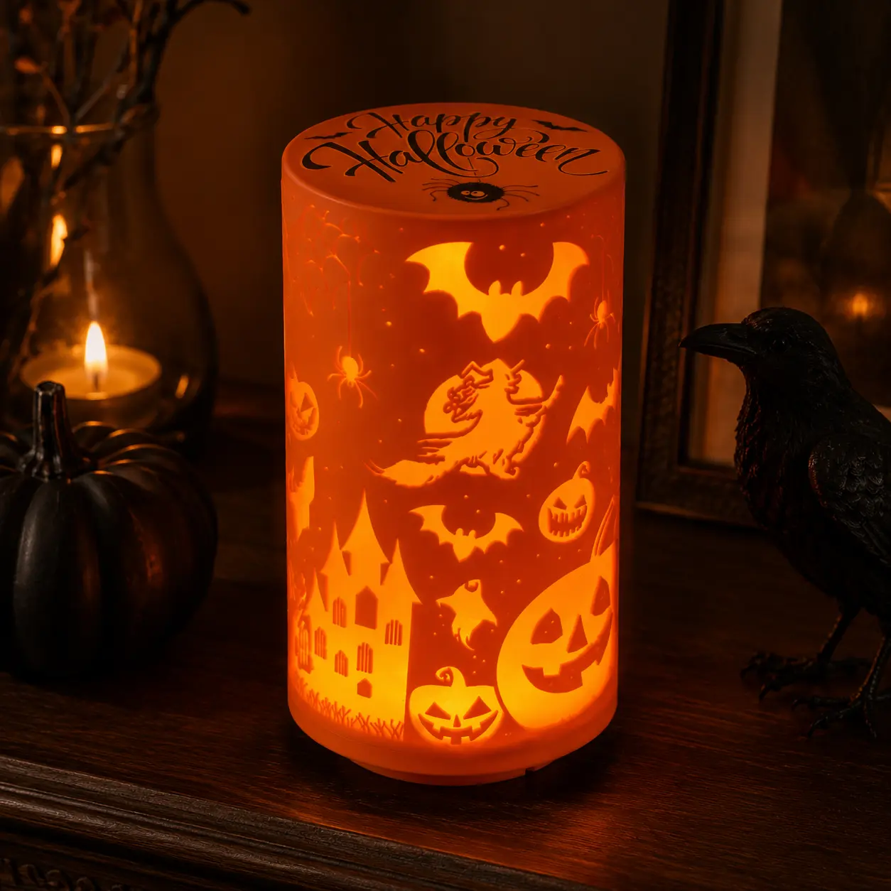 Halloween LED Table Lamp - Warm Orange Spooky Night Light with Bat, Witch, Ghost, Pumpkin Artwork for Bedroom, Party Decoration, Holiday Gift
