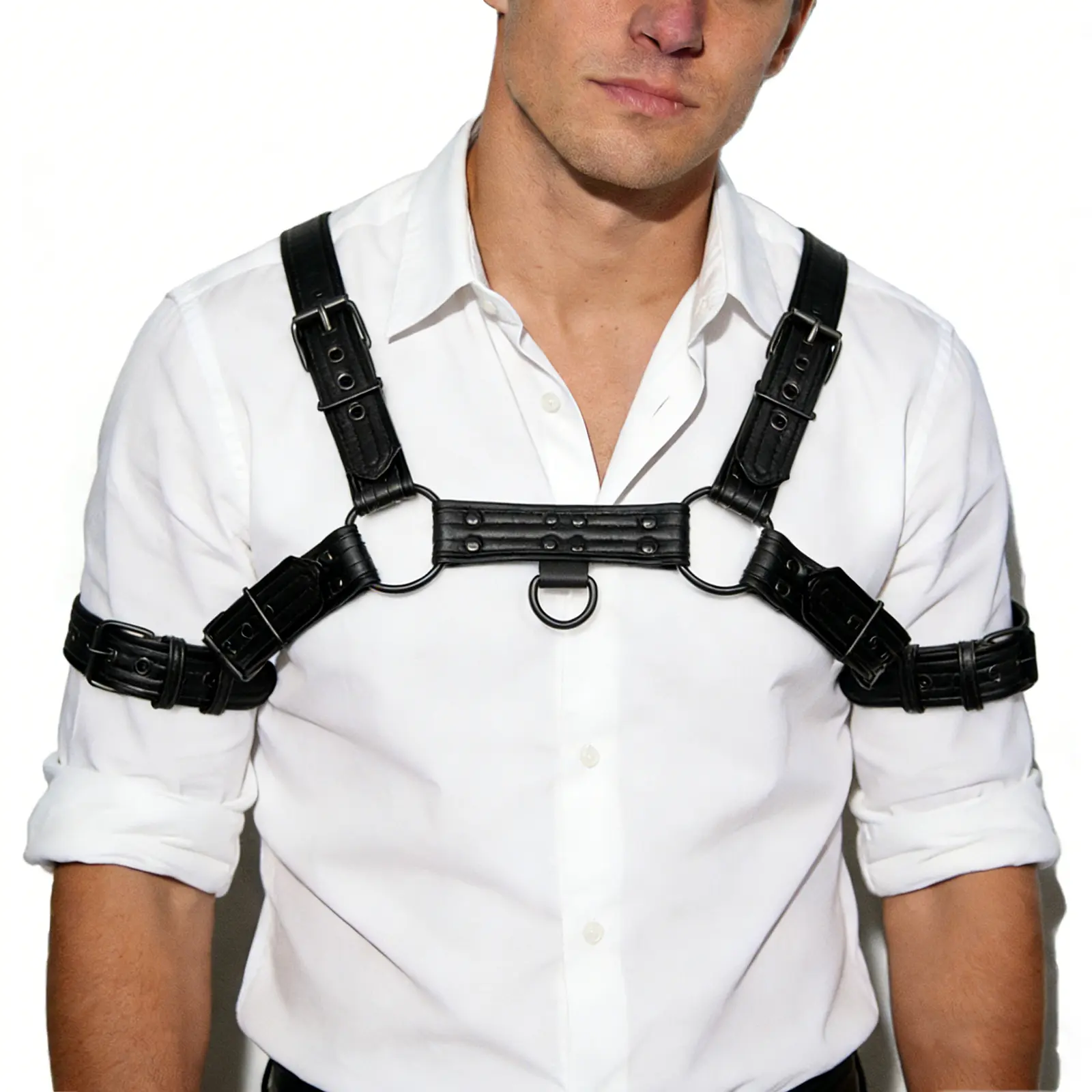 Men's PU Leather Harness with Armband Set, Adjustable, Faux Leather, Black/Red/Blue, for Gym and Motorcycle