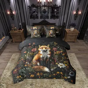 Fox Comforter Set,Cartoon Zoo Animal Bedding Set for Kids Teens,Oil Art Garden Floral 7 Pieces Bed Set