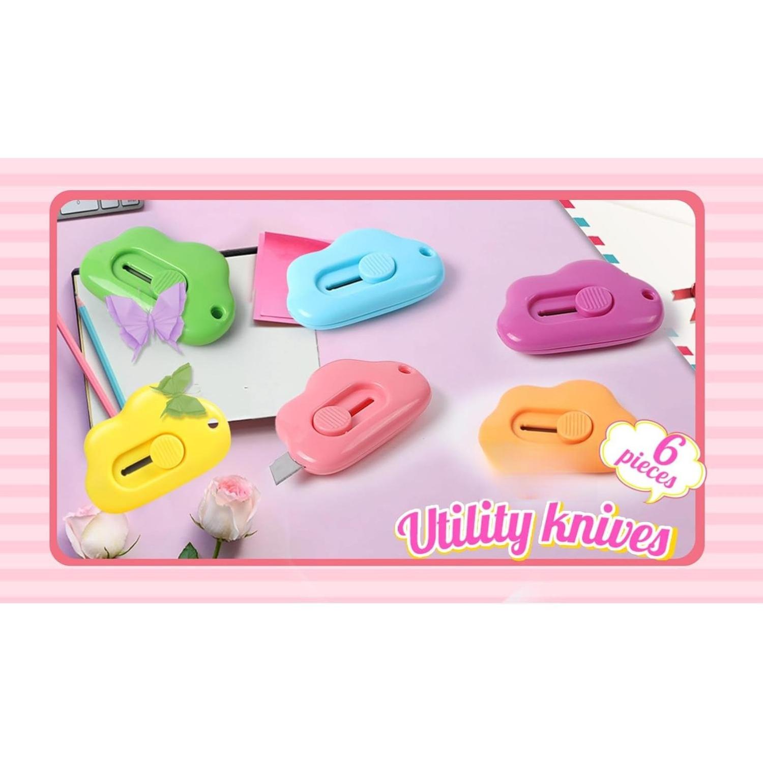 [New Deal] 6Pcs Cloud Box Cutter Retractable, Mini Utility Knife Letter Opener Envelope Slitter, Small Package Opener Paper Cutters with Keychain Hole for Office Home School Stationery DIY Crafts Rainbow Color