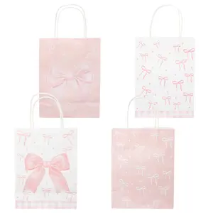 12pcs pink and white bow-tie paper gift bags with handles, perfect for women's birthday parties, tea parties, weddings, engagement parties, gift and snack packing bags, and candy wrappers.