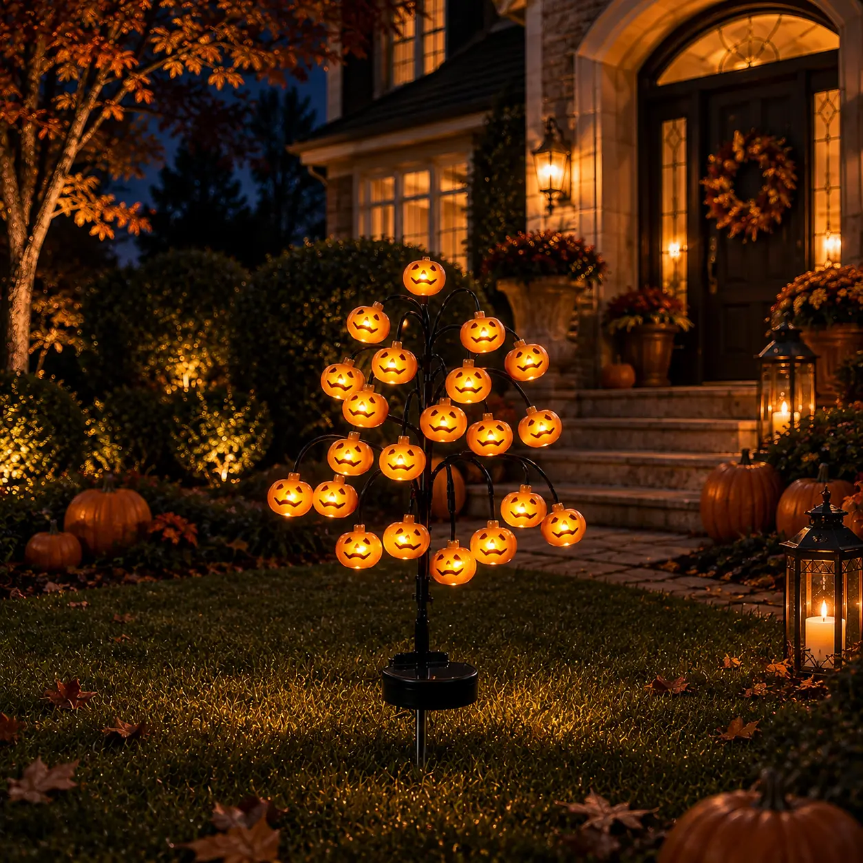 Solar Halloween Pumpkin Tree Stake Lights - Outdoor IP65 Waterproof LED Spooky Lantern Branch Lights for Landscape Pathway, Garden Party Decor