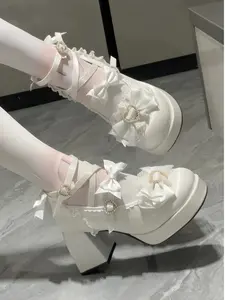 Original Heart Love Lolita High Heel Shoes, Thick Sole Sweet Bow Round Toe Mary Jane, Elegant Stylish Classy Formal Shoes for All Seasons