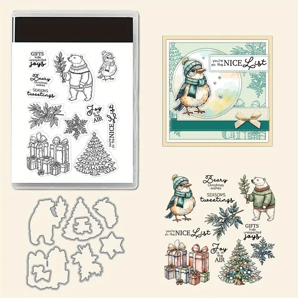 Colorful Christmas Decorations and Cute Polar Bear Clear Stamps and Cutting Dies, Suitable for DIY Crafts, Scrapbooking Supplies, Album Decoration, Paper Card Making, Album Decoration, Handmade Card Art, Handmade Gifts, Blessings, Birthday and Thank You C