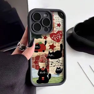 Retro Patchwork Black Cat Pattern Phone case for iPhone 17 16 Pro Max 15 Plus 14 13 12 11  Air XR XS Anti-Scratch Shockproof TPU Bumper Drop-proof Cover