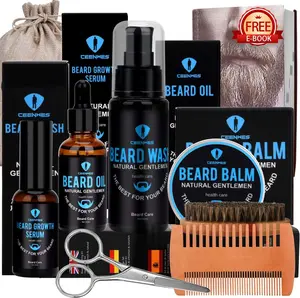 8-in-1 Beard Growth Kit - Beard Wash, Oil, Balm, Growth Serum, Brush, Comb, Scissors, Storage Bag, E-Book - Ultimate Beard Grooming Care Set for Men, Perfect Gifts for Him