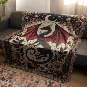 Red Dragon Pattern Bohemian Yarn Jacquard Woven Blanket with Tassel, Throw Blanket, Thick Soft Washable Blanket, Decorative Giftable Blankets, Used for Home Decor Sofa Chair Bed Tapestry Tablecloth Floor Garden Picnic Outdoor Camping