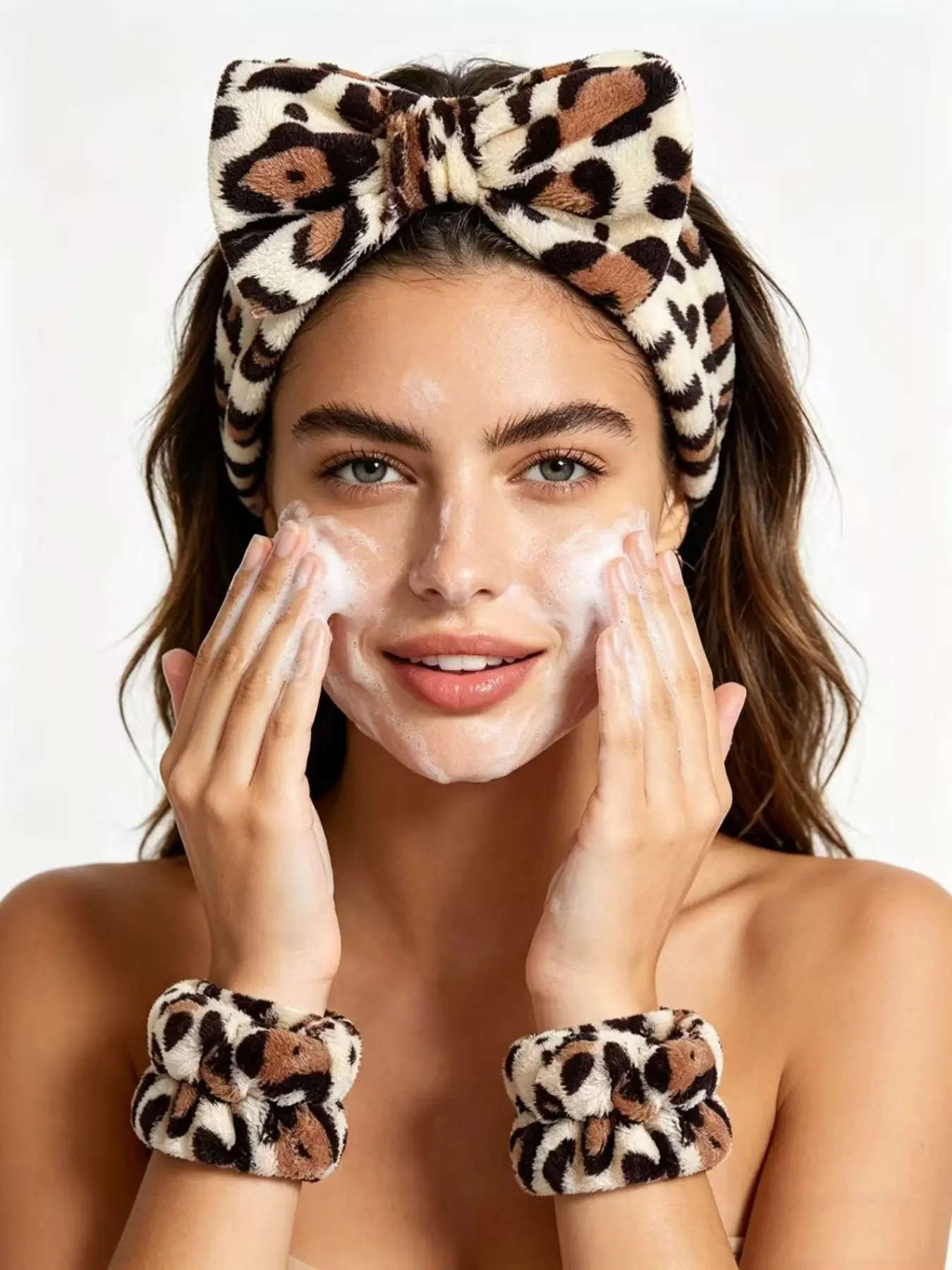 3pcs Leopard Pattern Girls Sponge Spa Headband Wrap Hairband Wristbands Hair Accessories Set For Party Gifts, Gift Ready ,Daily Use, Wash Face, Face Washing, Makeup Use Lady Mom Leopard Pink Blue Black Color for Option