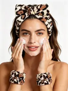3pcs Leopard Pattern Girls Sponge Spa Headband Wristbands Hair Accessories Set For Party Gifts, Gift Ready ,Daily Use, Wash Face, Face Washing, Makeup Use Lady Mom Leopard Pink Blue Black Color for Option
