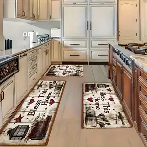 1pcs/2pcs/3pcs, Rustic Farmhouse Kitchen Pattern Rug Set, Flannel Material, Non Slip Comfortable Standing Running Rug, Kitchen Rug, Entrance Door Bathroom, Home, Office, Sink, Laundry Room, Home Decor, Room Decor, Spring Summer Decor, Holiday Decor