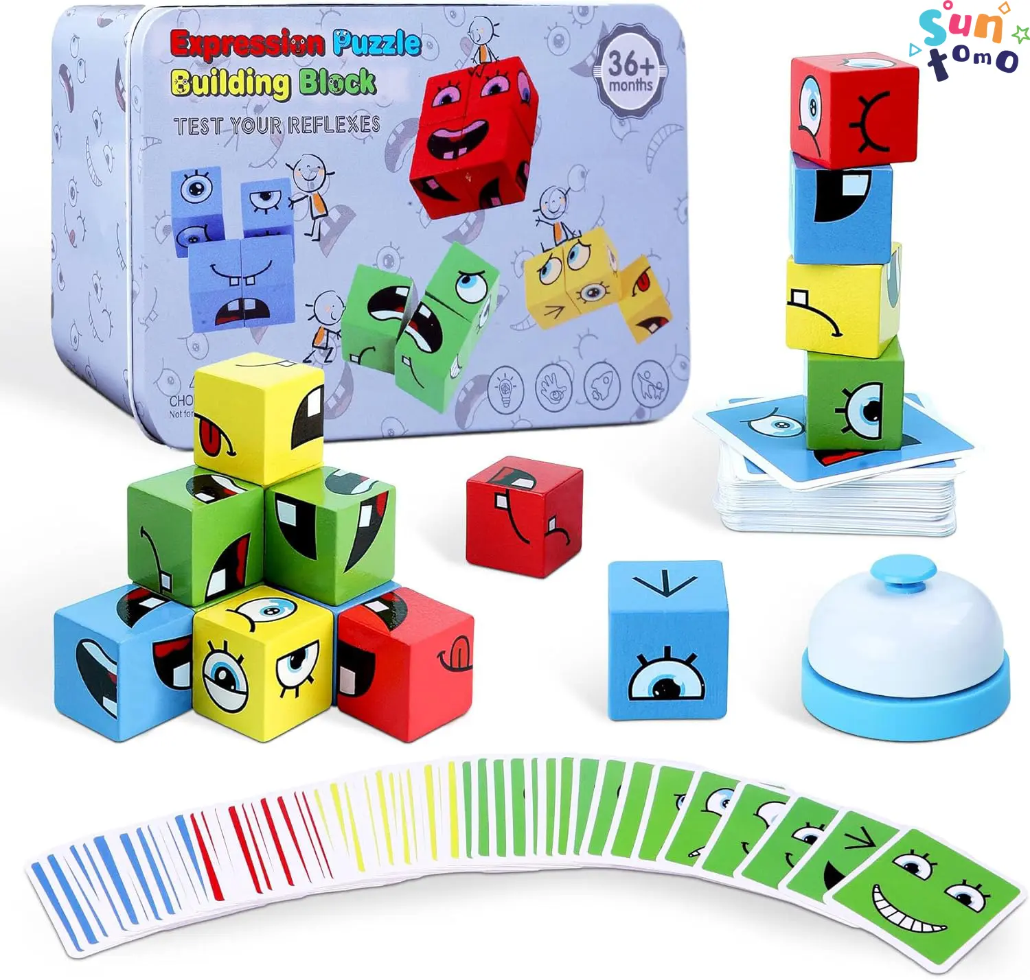 Suntomo Wooden Face Changing Magic Cube Game,Matching Expression Puzzle Toy Board Games,Expression Puzzle Building Blocks,Educational Puzzles Toy Board Games