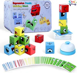 Suntomo Wooden Face Changing Magic Cube Game,Matching Expression Puzzle Toy Board Games,Expression Puzzle Building Blocks,Educational Puzzles Toy Board Games