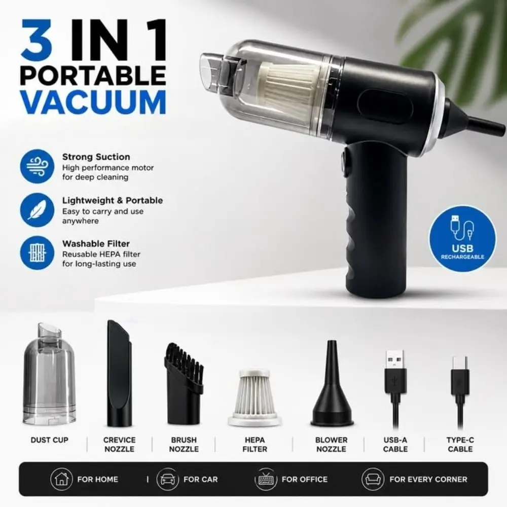 1pc 3-in-1 Wireless Handheld Vacuum Cleaner - Portable Rechargeable USB Type-C Mini Dust Collector for Car, Home, Office Cleaning (Pet Hair, Keyboard, Window Crevice Compatible)
