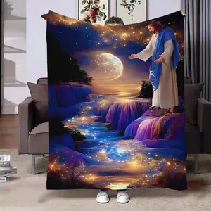 Jesus Pattern Flannel Blanket,  1 Count Soft and Comfortable Air-conditioned Room Throw, Warm Nap Blanket for Home, Office & Valentine's Day Gift