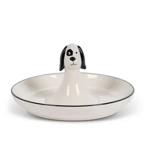 7.13-in L Black and White Porcelain Dog Themed Ring Dish