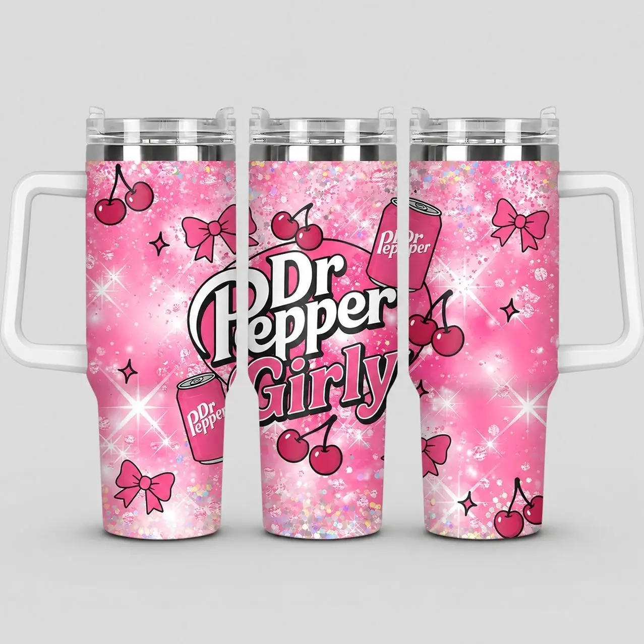Pink Dr Pepper Graphic Tumbler 40oz & 20oz, Insulated Stainless Steel Travel Mug with Handle & Lid, Double Wall Vacuum Cup, Retro Soda Drink Aesthetic Gift for Soft Drink Fans, Water Bottle, Daily Use
