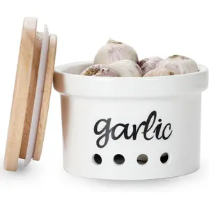 Garlic Keeper with Lid, Ceramic Garlic Saver Container for Countertop, Farmhouse Kitchen Decor