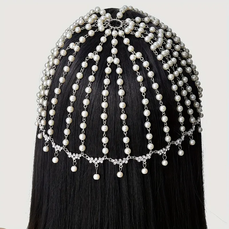 Vintage 1920s Crystal Cap Headpiece - Copper Rhinestone Head Chain, Dress Up Headbands/Hairbands for Art Deco Party, Rhinestones, Cap Shape, One-Piece