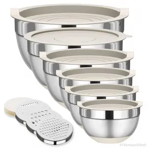 6 Piece Mixing Bowls with Lids Set, Stainless Steel Nesting Storage Bowls for Kitchen, with 3 Grater Attachments & Non-Slip Bottoms, Size 5.5,3.5,2.5,2.1,1.5,1.1 QT  Home TablewareEverlanelnspired17 FFVentureVibe8