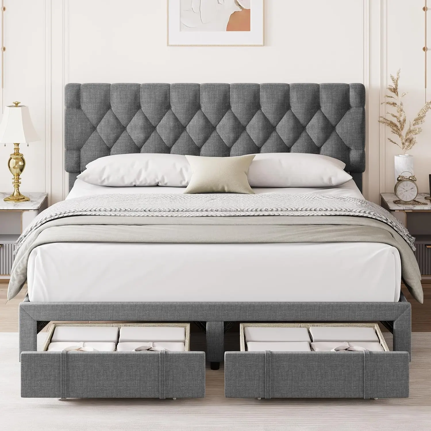 Grey King Size Upholstered Platform Bed Frame with Diamond Tufted Headboard, Upholstered Tufted Headboard, Padded Design, Hidden Storage Drawers, USB Port, Silent Solid Wood Slats, Metal Frame Mattress Foundation, No Box Spring Required