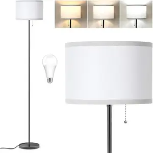 Modern 3-Way LED Floor Lamp - Simple Standing Design for Living Room, Bedroom, or Home Office - Pull Chain Tall Lamp
