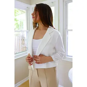Petite 3/4 Sleeve Open Cropped Linen Blend Blazer (Off-White)