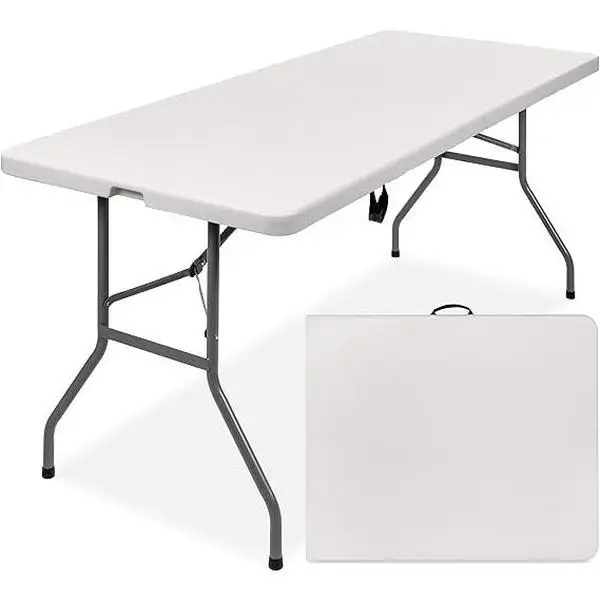 Fold-in-Half Banquet Table w/Handle,8ft, White Folding Table Outdoor Indoor Heavy Duty Portable Table with Carrying Handle for Camping Picnic Party s