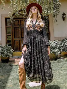 Plus Floral Embroidered Ruffle Hem Shirred Tie Neck A Line Dress, Dress for Women,?Boho Fashion Bishop Sleeve Dress for Daily Wear, Women Plus Clothing??gift??Gift
