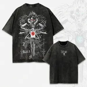 Men's Cotton Death Note Ryuk & Light Graphic Short-Sleeve Tshirt - Distressed Vintage Oversized Round Neck Casual Anime Streetwear Top, Menswear Father's Day Gift, Shortsleeve