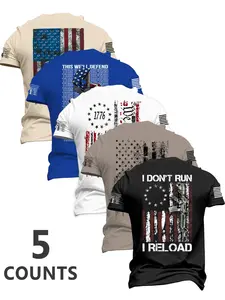 Men's Fashion Round Neck Casual Short Sleeve T-Shirt, Summer Comfortable Flag Print Outdoor Tee Set, Military Street Style