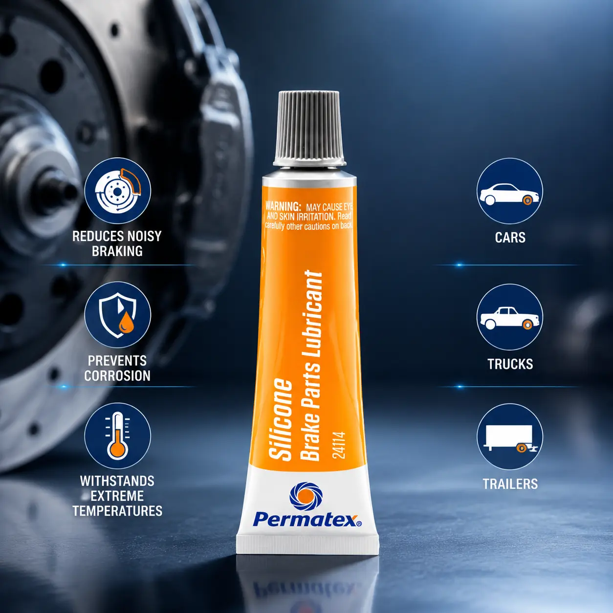 Permatex 24114 Silicone Brake Parts Lubricant - Single Tube, .5 Fl Oz, OEM-Grade Reliability, Eliminates Noisy Braking, Ceramic-Solids Fortified, Non-Melting, Compatible with Metal Rubber Plastic, Smooth Stops for Brake Maintenance & Performance Cars, Eng