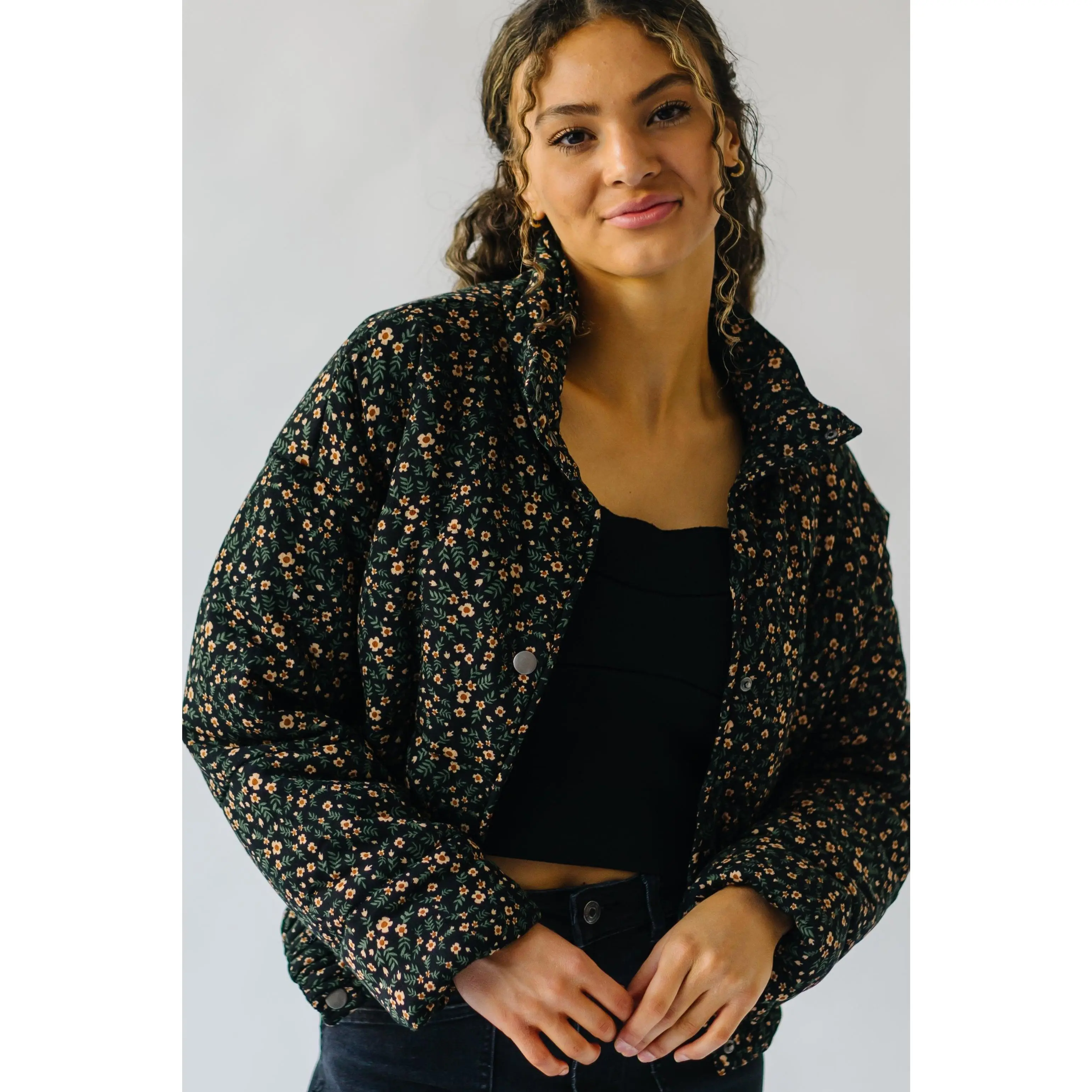 The Batista Floral Puffer Jacket in Black Multi