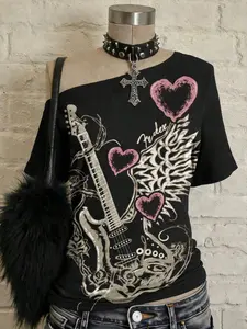 Women's Gothic Guitar Heart Print Asymmetrical Shoulder T-Shirt, Y2K Punk Rock Pattern, Loose-Fitting Street Style, Daily Wear & Concerts