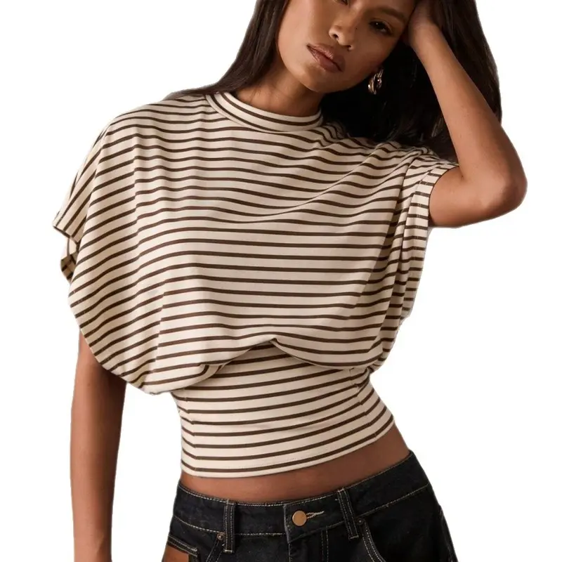 Lady's Retro Striped Batwing Sleeve Cinched Waist Cropped Going Out T-Shirt - Draped Women's Top