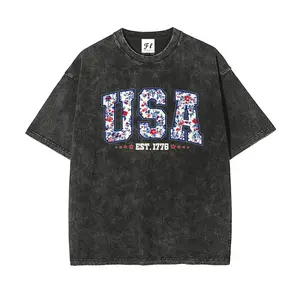 Unisex "USA EST.1776" Floral Art Pattern Washed Vintage T-Shirt - Wash Cotton Retro Streetwear Aesthetic