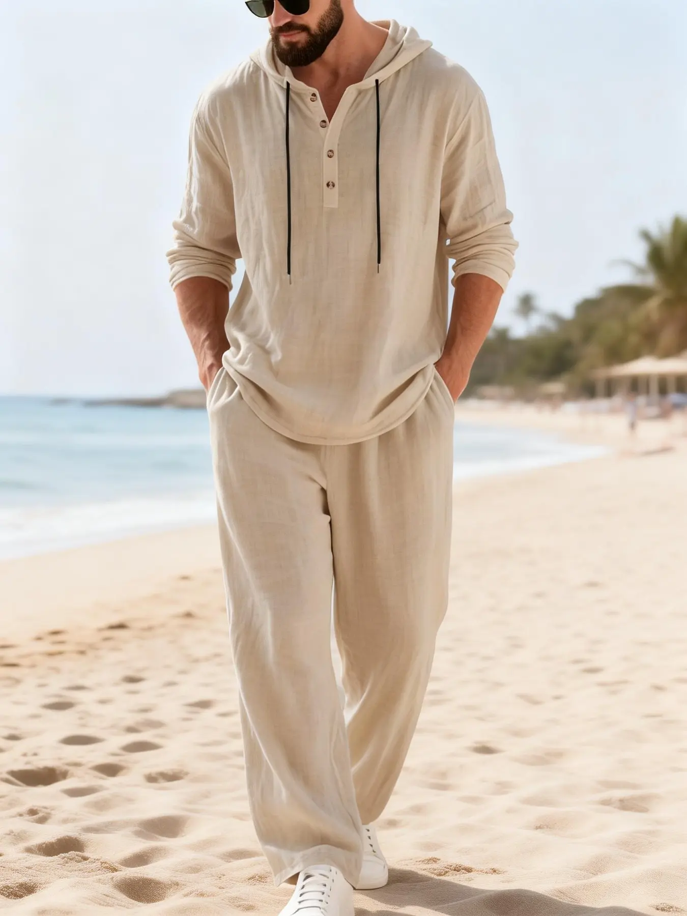 Men's Linen Hooded Two-Piece Set Outfits, Henry Collar Drawstring Long Sleeve Top + Loose Wide Leg Pants, Summer Breathable Beach Vacation Casual