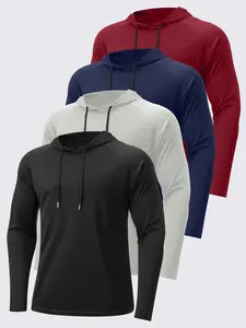 4-piece Men's Quick-drying, Breathable Sports Hoodies, Lightweight Hooded Basic Base Layers, Suitable for Fitness, Cycling, Fishing, and Hiking