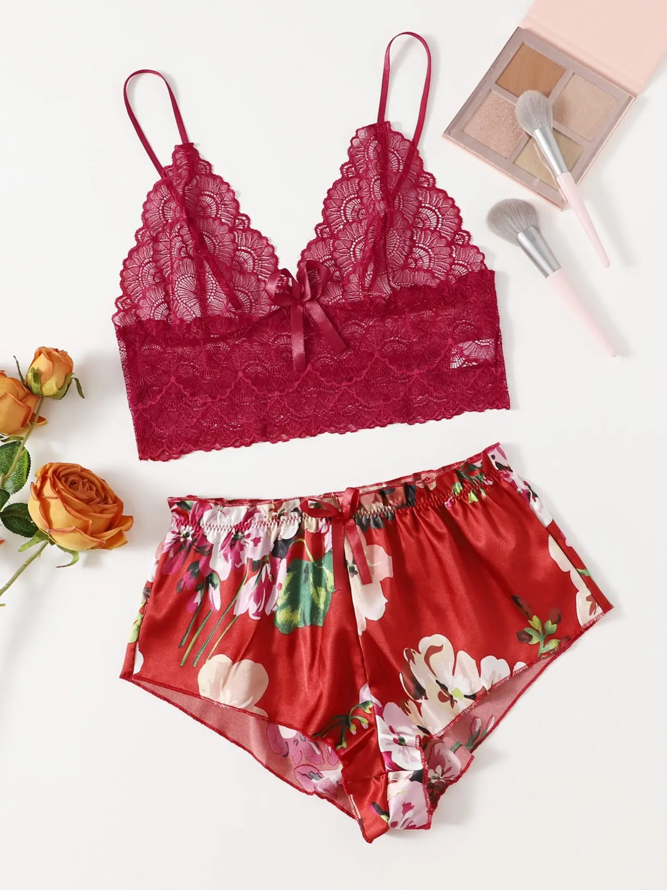 Women's Sapphire Color Lace Floral Silk Lingerie Sleepwear Set, Romantic Party Wear, Sweet Birthday Party, Dreamy Nightgown Party