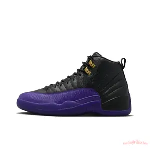 Black and Purple High-Top Retro Basketball Shoes with Black Leather Upper, Purple Overlays and Gold Lace Locks