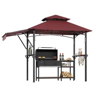 Heavy Duty BBQ Grill Gazebo 8x5 ft, Double-Tier Vented Canopy with Side Awning, 2 Shelves, 10 Hooks, 4 LED Lights, Bottle Opener – Outdoor Shelter for Patio, Backyard or Garden