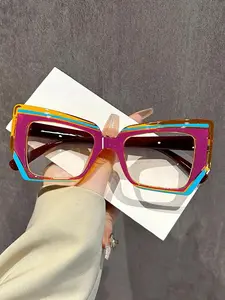 Colorblock Geometric Frame Glasses, Punk Trendy Oversized Frame Glasses for Men & Women, Fashion  Modern Glasses for Outdoor Activities