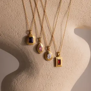 Ribbed Birthstone Pendant Necklace by Caitlyn Minimalist - Vintage Style Bezel Gemstone Pendant Necklace in Gold - Art Deco Jewelry - Personalized Gift for Her