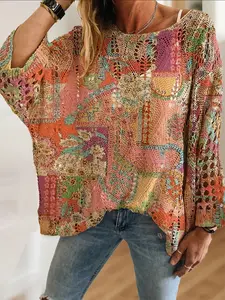 Women's Boho Vintage Patchwork Color Block Knit Top, Loose Fit Batwing Shoulder Design, Casual Elegant Vacation Style Sweater